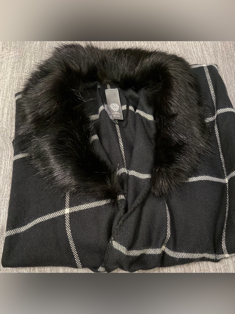 Vince Camuto black windowpane check cape sweater with fur collar. One size